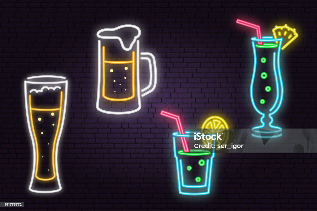 Set of neon Beer and Cocktail sign on brick wall background Set of neon Beer and Cocktail sign on brick wall background. Vector illustration. Design for bar, pub and restaurant business. Neon Lighting stock vector