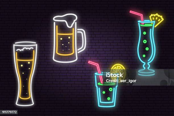 Set Of Neon Beer And Cocktail Sign On Brick Wall Background Stock Illustration - Download Image Now