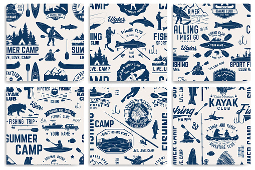 Set of Canoe, Kayak and fishing Club seamless pattern. Vector. Concept for shirt, print, stamp, badge or tee. Vintage typography design with kayaker and fisher silhouette. Water Extreme sport.