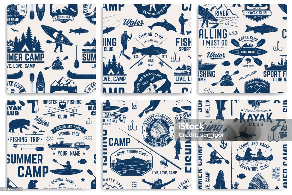 Canoe, Kayak and fishing Club seamless pattern Set of Canoe, Kayak and fishing Club seamless pattern. Vector. Concept for shirt, print, stamp, badge or tee. Vintage typography design with kayaker and fisher silhouette. Water Extreme sport. Logo stock vector