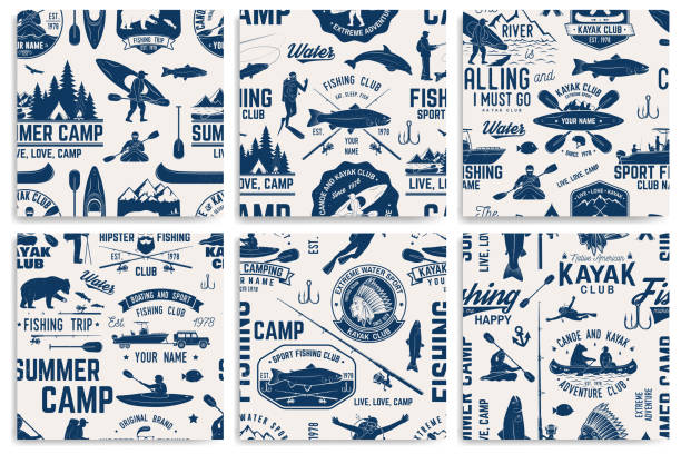 Canoe, Kayak and fishing Club seamless pattern Set of Canoe, Kayak and fishing Club seamless pattern. Vector. Concept for shirt, print, stamp, badge or tee. Vintage typography design with kayaker and fisher silhouette. Water Extreme sport. camping patterns stock illustrations