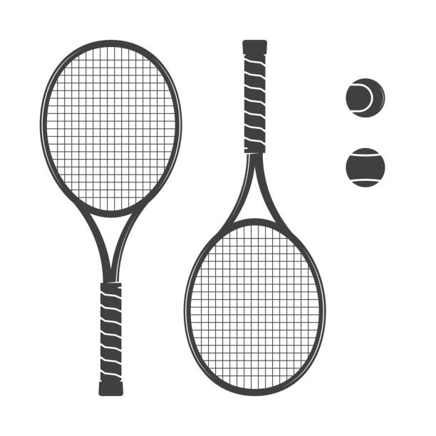 ilustraciones, imágenes clip art, dibujos animados e iconos de stock de set de raquetas de tenis y pelotas de tenis - tennis silhouette vector ball