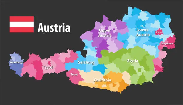 Vector illustration of vector map of Austria states and districts. Flag of austria, Each state have own color palette