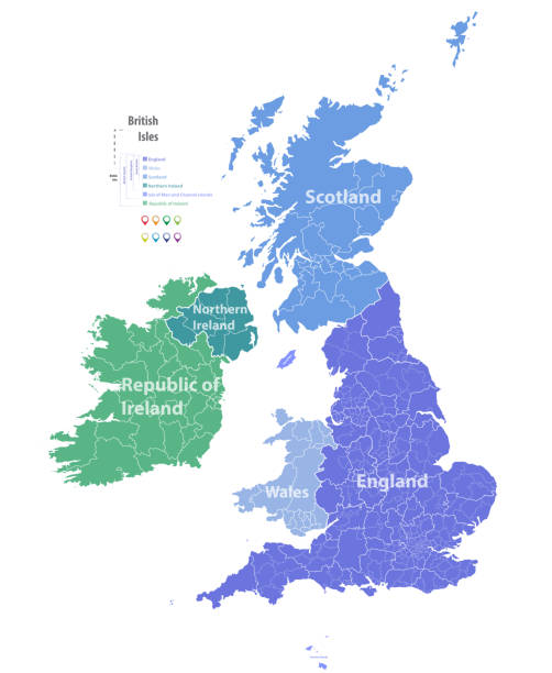 ilustraciones, imágenes clip art, dibujos animados e iconos de stock de mapa del vector de divisiones administrativas de las islas británicas por países y regiones. mapas de distritos y de condados del reino unido, irlanda del norte, gales, escocia e irlanda - surrey