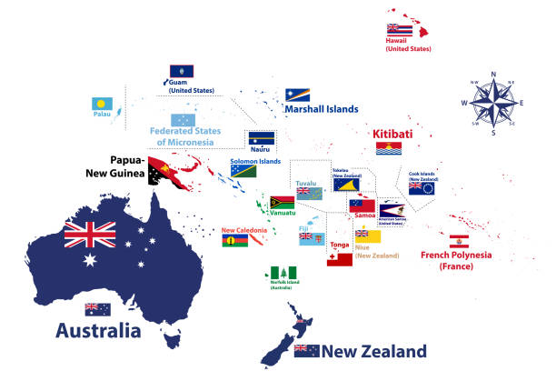 illustrazioni stock, clip art, cartoni animati e icone di tendenza di mappa dettagliata del vettore della regione australia e oceania con nomi di paesi e bandiere nazionali - mariana islands