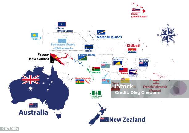 Australia And Oceania Region Vector High Detailed Map With Countries Names And National Flags Stock Illustration - Download Image Now