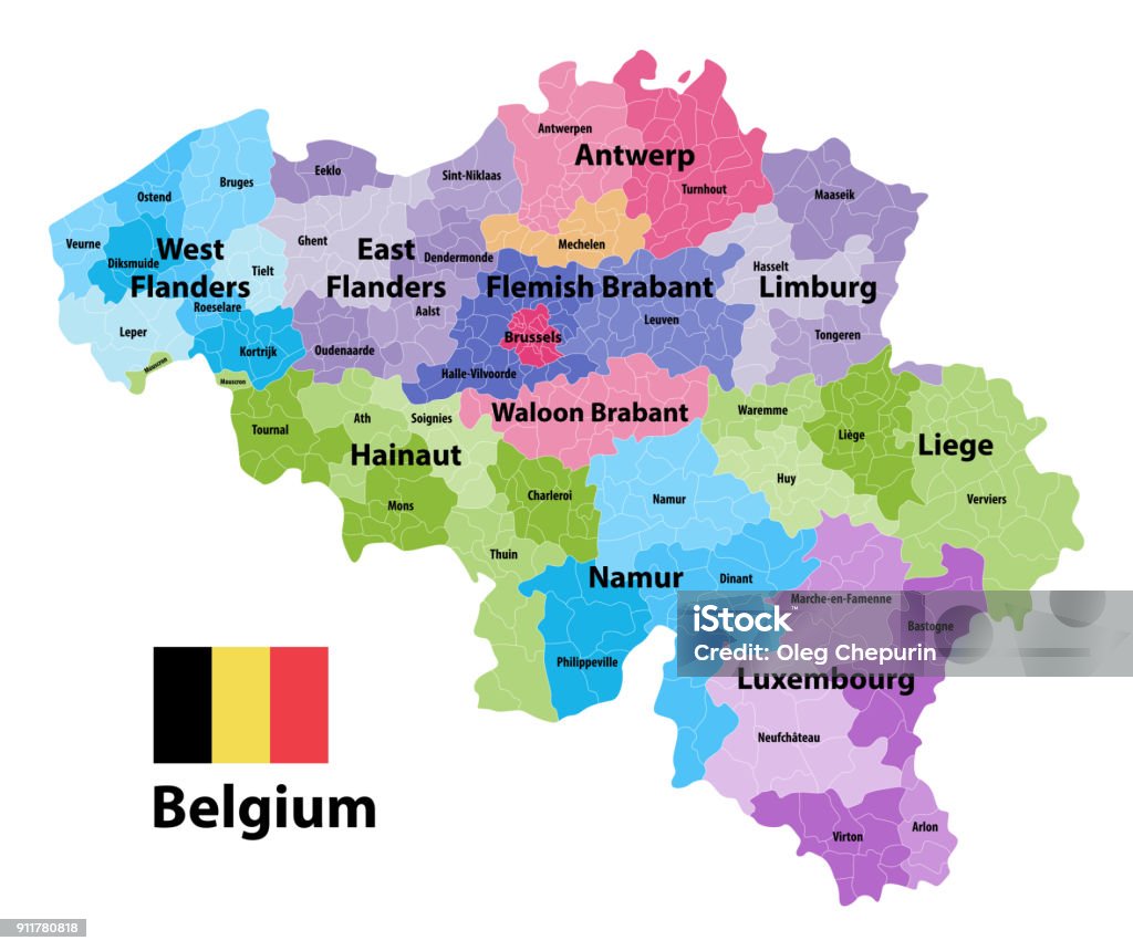 Mapa da Bélgica mostrando as províncias e subdivisões administrativas (municípios), coloridas por arrondissements. Bandeira da Bélgica - Vetor de Bélgica royalty-free