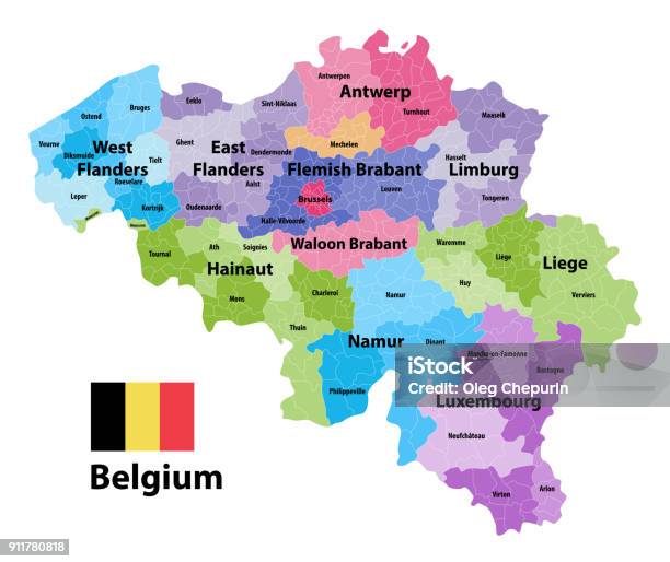 Vetores de Mapa Da Bélgica Mostrando As Províncias E Subdivisões Administrativas Coloridas Por Arrondissements Bandeira Da Bélgica e mais imagens de Bélgica