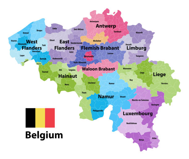 belçika eyaletleri ve idari alt bölümleri (belediye), ilçelerin tarafından renkli gösteren harita. belçika bayrağı - belgium stock illustrations