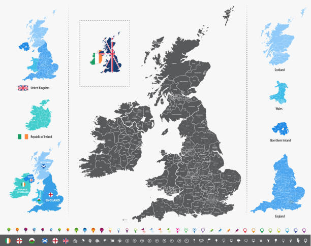 ilustraciones, imágenes clip art, dibujos animados e iconos de stock de mapa del vector de divisiones administrativas de las islas británicas por países y regiones. mapas de distritos y de condados del reino unido, irlanda del norte, gales, escocia e irlanda - england