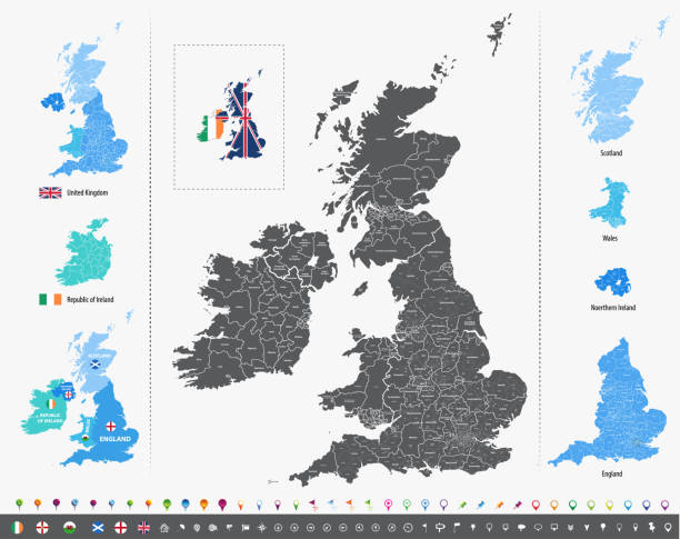vector map of British Isles administrative divisions colored by countries and regions. Districts and counties maps of United Kingdom,Northern Ireland, Wales, Scotland and Republic of Ireland vector map of British Isles administrative divisions colored by countries and regions. Districts and counties maps and flags of United Kingdom,Northern Ireland, Wales, Scotland and Republic of Ireland city of london flag stock illustrations