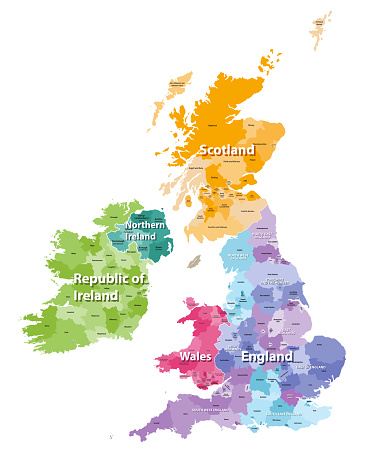 vector map of British Isles administrative divisions colored by countries and regions. Districts and counties maps and flags of United Kingdom,Northern Ireland, Wales, Scotland and Republic of Ireland