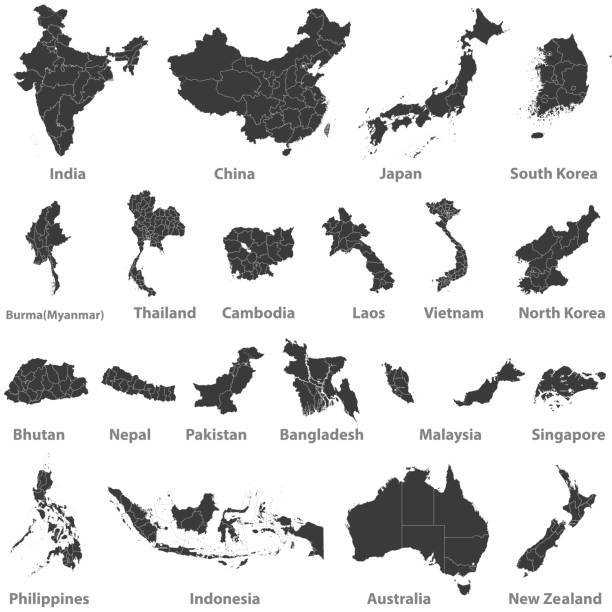 illustrazioni stock, clip art, cartoni animati e icone di tendenza di mappe vettoriali dettagliate di paesi asiatici, australia e nuova zelanda - thailandia