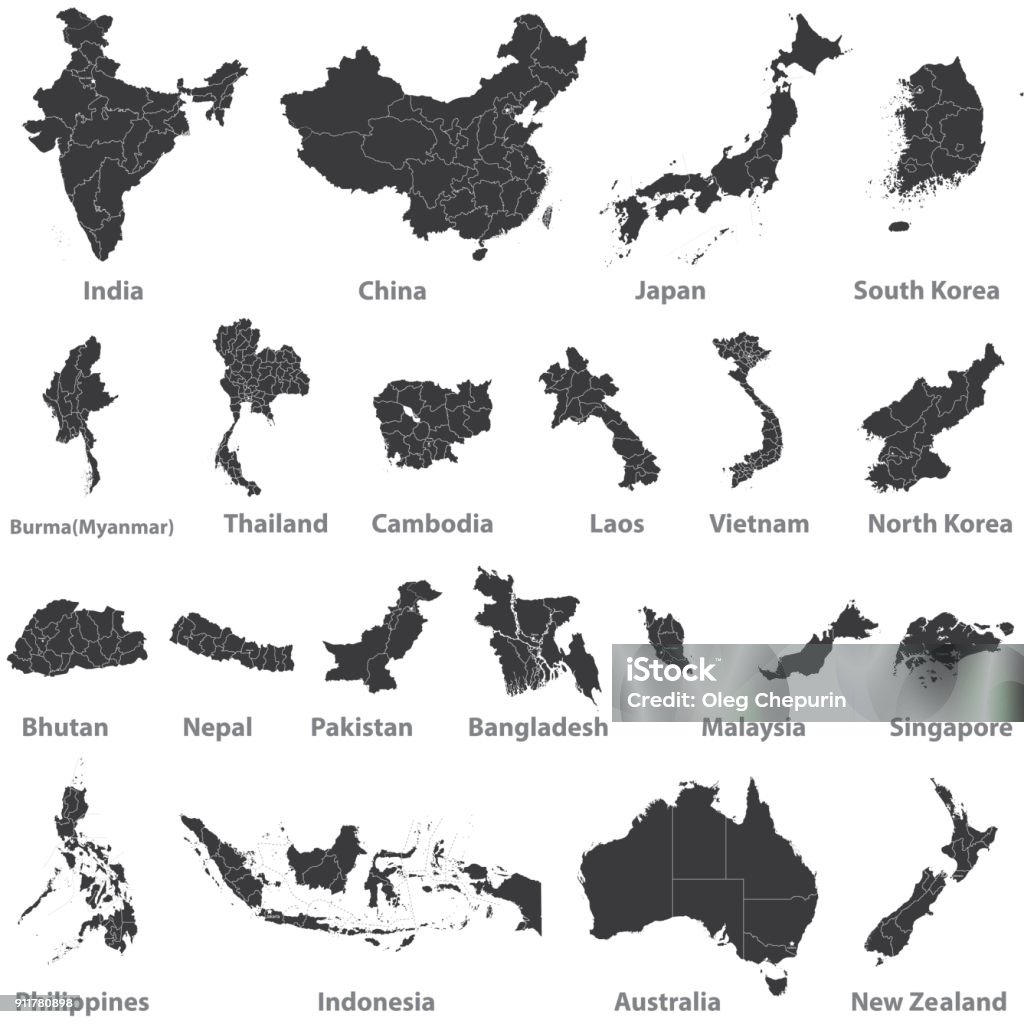 szczegółowe mapy wektorowe krajów azjatyckich, Australii i Nowej Zelandii - Grafika wektorowa royalty-free (Mapa)