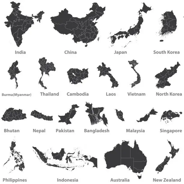 Vector illustration of high detailed vector maps of asian countries, Australia and New Zealand
