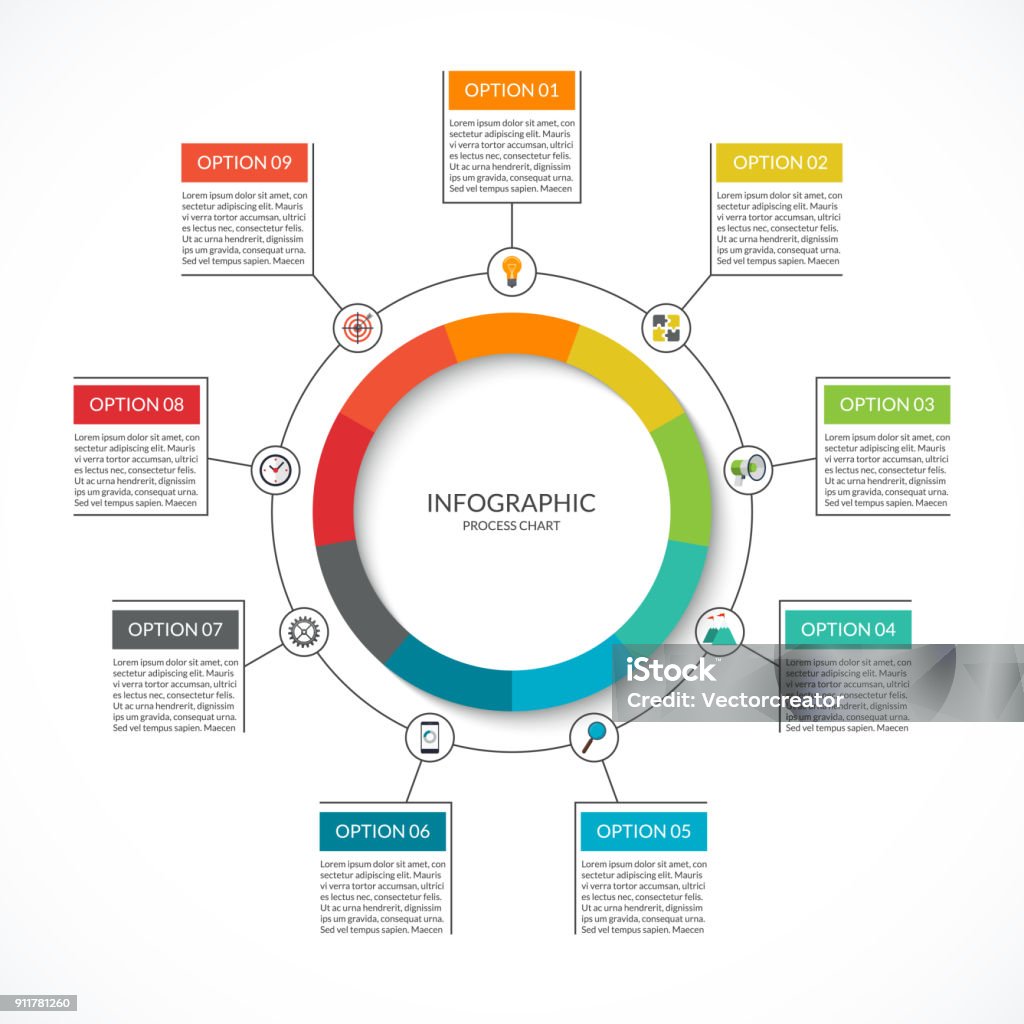 Infographic cycle diagram. Process chart with 9 options. Infographic cycle diagram. Process chart with 9 options. Vector circle template for business infographics. Can be used for graph, presentation, report, step options, web design. Number 9 stock vector