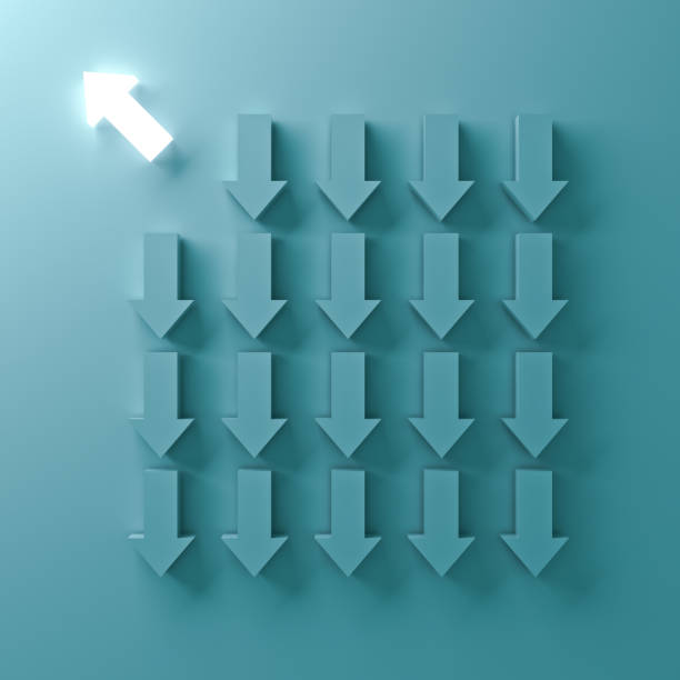 istock Think different , One light arrow going to the bright side away from down arrow directions on green pastel color background , individuality and different creative idea concepts 911787814