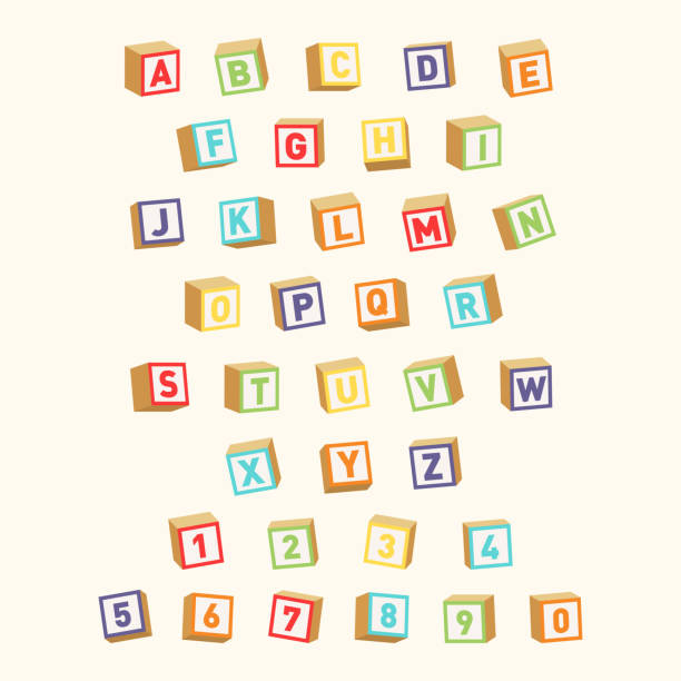 Alphabet with numbers, childish font. Colorful toy blocks for children education Alphabet with numbers, childish font. Colorful toy blocks for children education. Vector alphabetical order stock illustrations