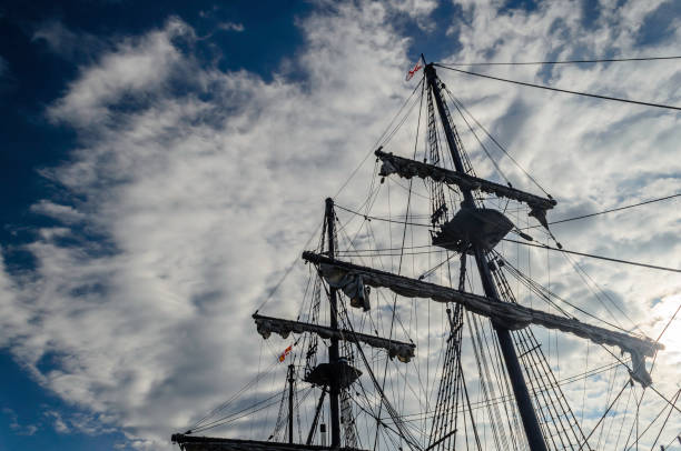 istock Upward view of tall ship rigging reaching up to a circular cloud above 911788048