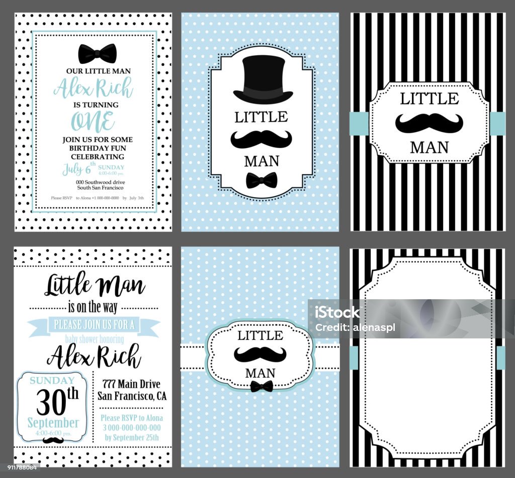 Collection of invite cards can be use for party(baby shower, father's day, wedding, birthday) A set of blue, white and black templates for invitations. Little man vintage style. Frames for boy's photo Invitation stock vector