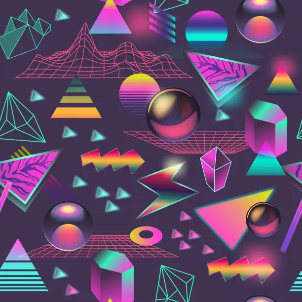 Vector illustration of Synth Wave Seamless Pattern. Futuristic Background with Neon Glowing Geometric Elements. Holographic Design for Posters, Banners, Fabric. Vector illustration