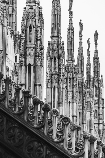 Gothic spires and sculptures of the Duomo (Milan Cathedral) in black and white.