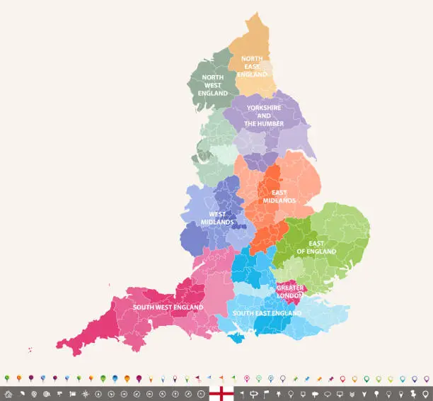 Vector illustration of England ceremonial counties vector map colored by regions