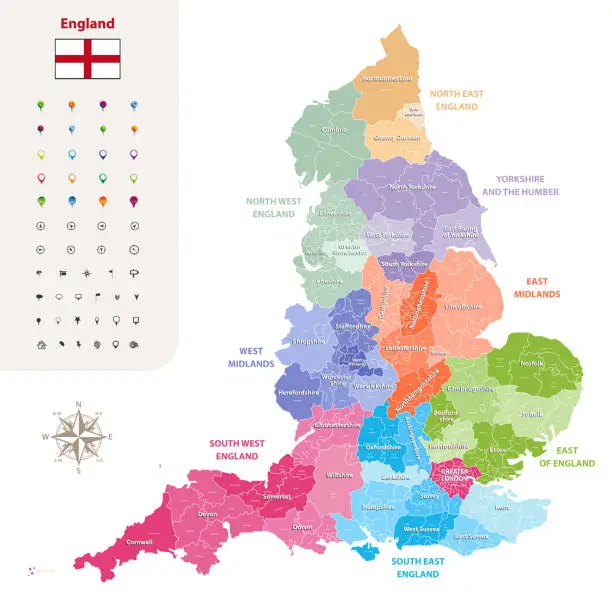 Vector illustration of vector map of England ceremonial counties. Flag of England. Navigation and location icons