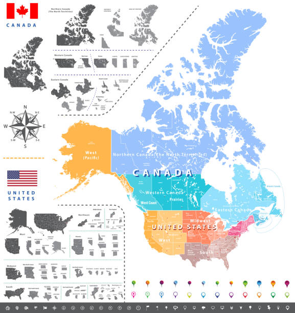 United States census bureau regions ans divisions map; Canadian regions, provinces and territories map. Flags and location\navigation icons. All layers detachable and labeled. Vector United States census bureau regions ans divisions map; Canadian regions, provinces and territories map. Flags and location\navigation icons. All layers detachable and labeled. Vector detachable stock illustrations