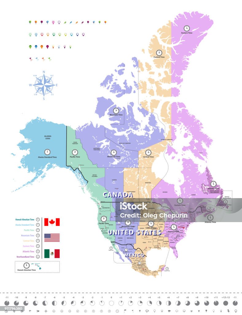 캐나다 미국 및 멕시코 표준 시간대 지도 모든 요소 분리 및 분류 계층에서 분리 벡터 시간대에 대한 스톡 벡터 아트 및 기타 이미지 -  시간대, 미국, 지도 - Istock