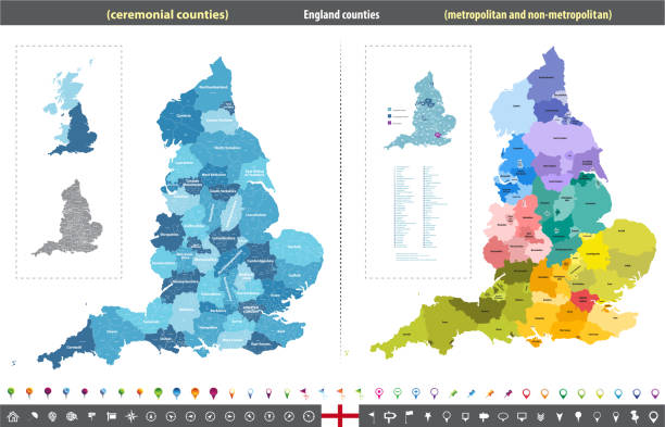 ilustraciones, imágenes clip art, dibujos animados e iconos de stock de inglaterra condados ceremoniales y metropolitana vector alta mapa detallado por regiones - england