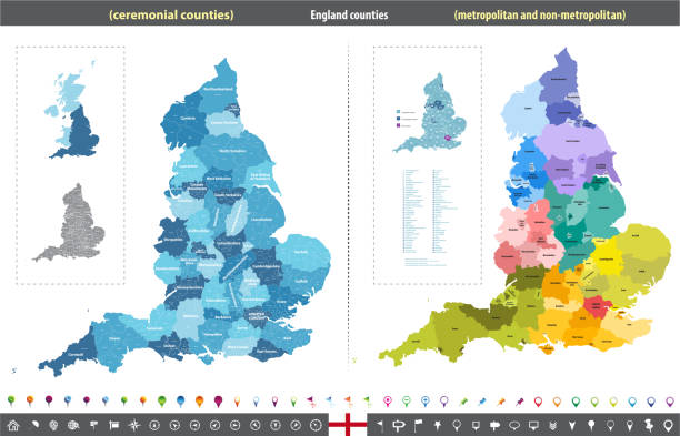 England ceremonial and metropolitan counties vector high detailed map colored by regions England ceremonial counties vector map colored by regions city of london flag stock illustrations