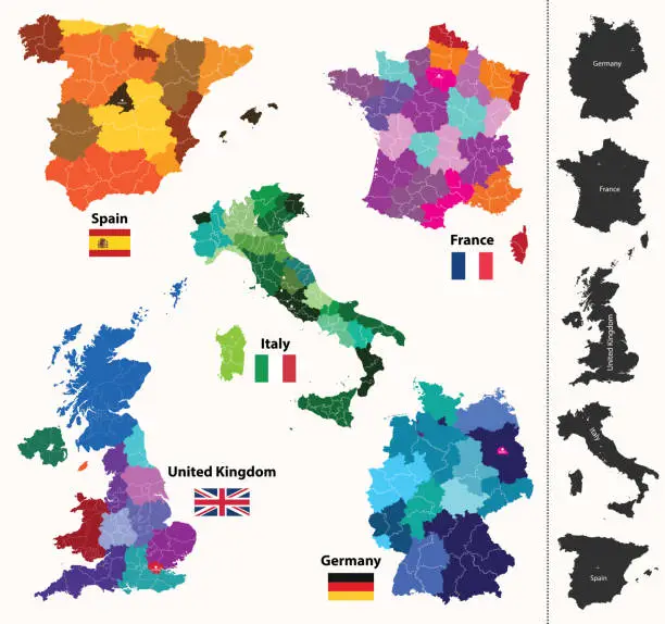 Vector illustration of vector high detailed maps and flags of United Kingdom, Germany, France, Italy and Spain