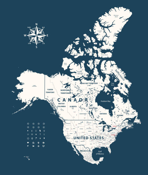 mapa kanady, stanów zjednoczonych i meksyku z granicami państw na ciemnoniebieskim tle - southern manitoba stock illustrations