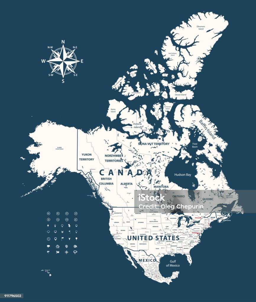 Canada, United States and Mexico map with states borders on dark blue background Map stock vector