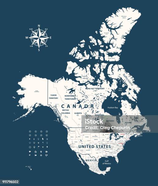 Canada United States And Mexico Map With States Borders On Dark Blue Background Stock Illustration - Download Image Now