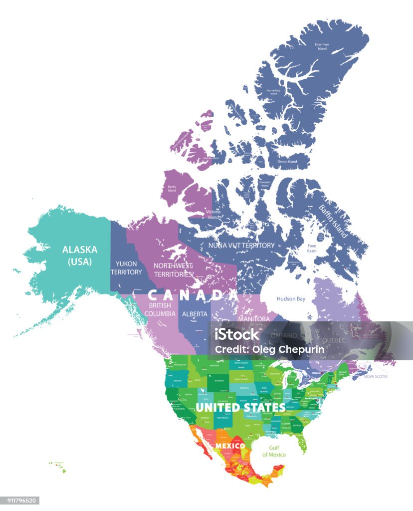 North America high detailed vector map with states borders of Canada, USA and Mexico. All elements separated in detachable layers Map stock vector