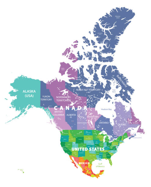 North America high detailed vector map with states borders of Canada, USA and Mexico. All elements separated in detachable layers North America high detailed vector map with states borders of Canada, USA and Mexico. All elements separated in detachable layers michigan maryland stock illustrations