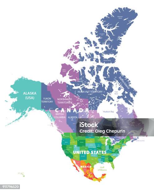 North America High Detailed Vector Map With States Borders Of Canada Usa And Mexico All Elements Separated In Detachable Layers Stock Illustration - Download Image Now