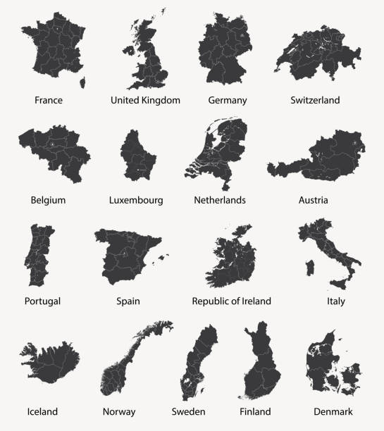 vektor-set von europakarten mit regionsgrenzen - bundesländer stock-grafiken, -clipart, -cartoons und -symbole