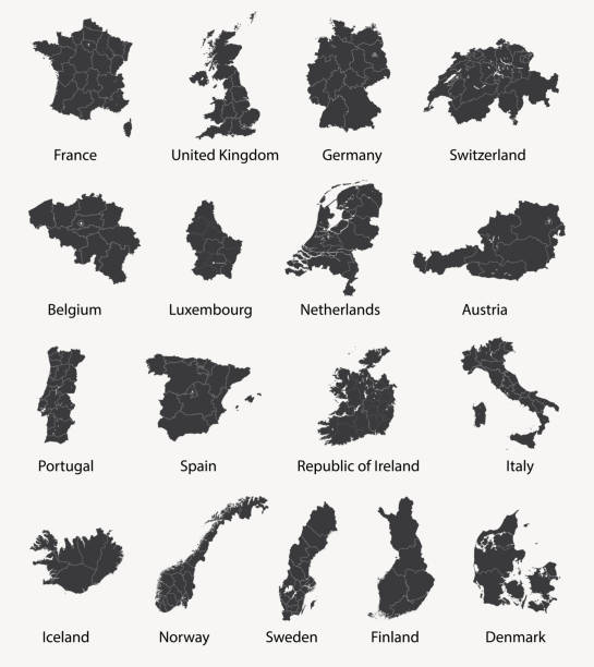 ilustrações de stock, clip art, desenhos animados e ícones de vector set of european maps with region borders - portugal spain