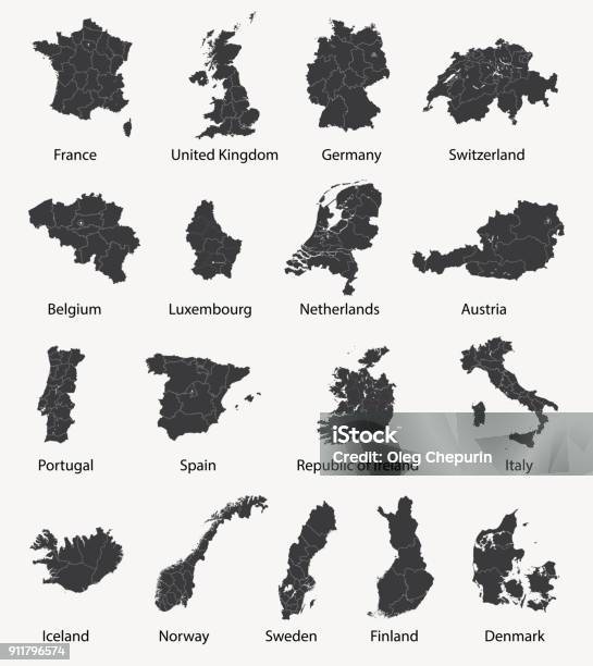Векторный Набор Европейских Карт С Границами Региона — стоковая векторная графика и другие изображения на тему Карта