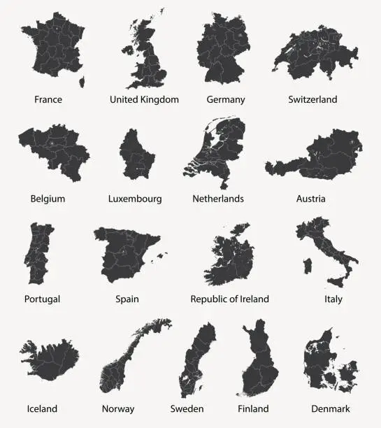 Vector illustration of vector set of european maps with region borders