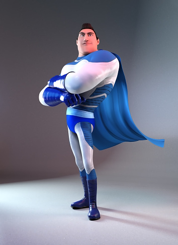 3d cartoon character of super hero -with blue cape