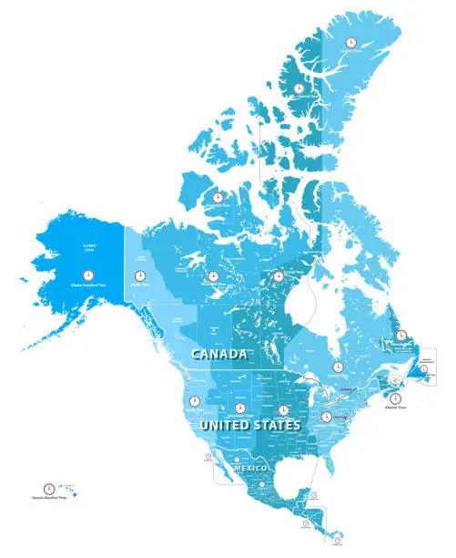 Vector illustration of high detailed North America time zones map. All elements separated in detachable and labeled layers