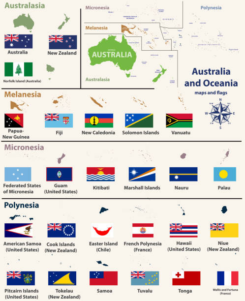 illustrations, cliparts, dessins animés et icônes de australie et océanie (inclure australasie, micronésie, de mélanésie et de polynésie) carte avec des cartes de pays isolé et drapeaux - îles wallis et futuna