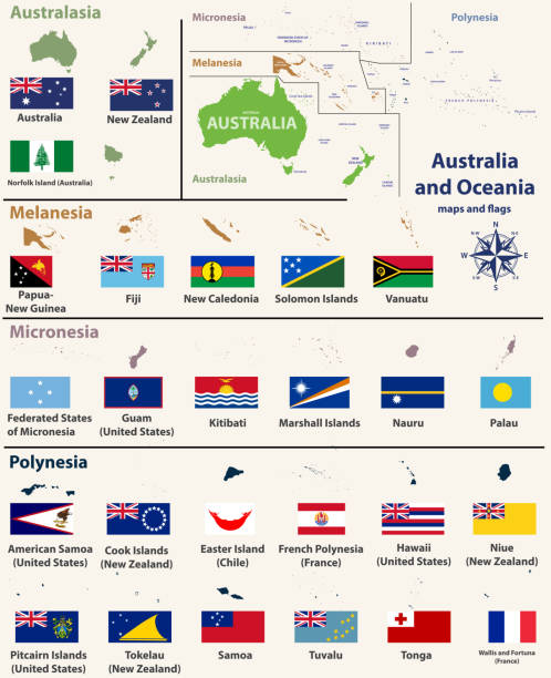 illustrazioni stock, clip art, cartoni animati e icone di tendenza di mappa dell'australia e dell'oceania (tra cui australasia, micronesia, melanesia e polinesia) con mappe e bandiere nazionali isolate - isole wallis e futuna