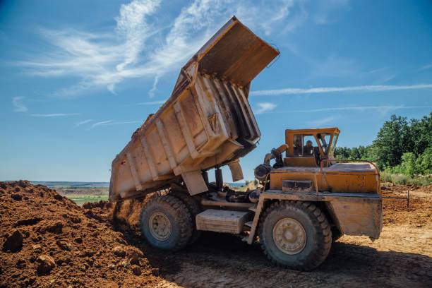 Dump truck unloads soil with crashed stone Dump truck unloads soil with crashed stone. earthworm photos stock pictures, royalty-free photos & images