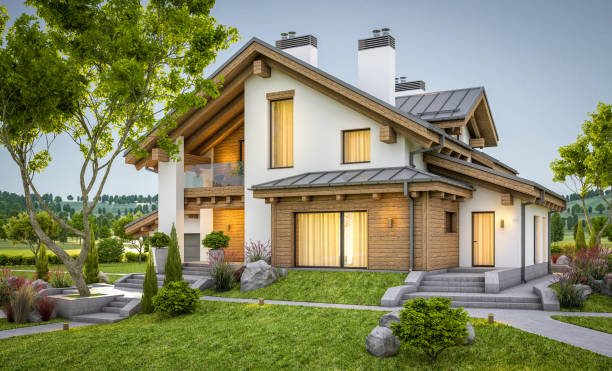 istock 3d rendering of modern cozy house in chalet style 911814122