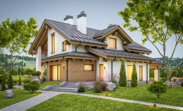 3d rendering of modern cozy house in chalet style
